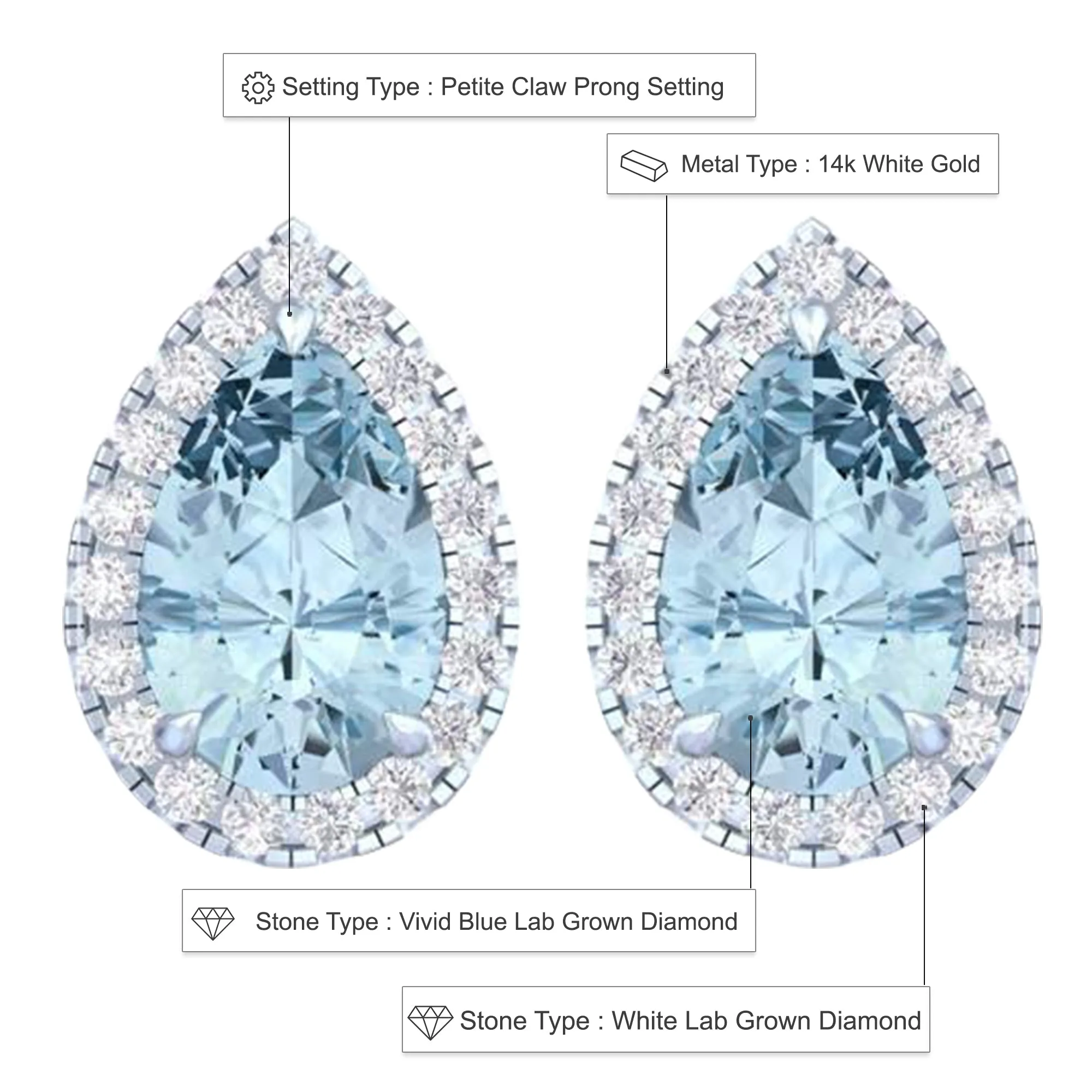 14k White Gold Vivid Blue Pear Cut 4.7 Ct Lab-Grown Diamond Halo Stud Earrings