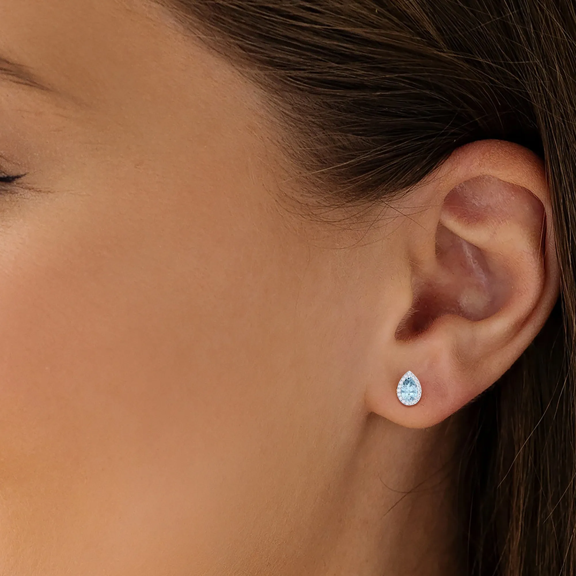 14k White Gold Vivid Blue Pear Cut 4.7 Ct Lab-Grown Diamond Halo Stud Earrings