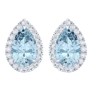 14k White Gold Vivid Blue Pear Cut 4.7 Ct Lab-Grown Diamond Halo Stud Earrings