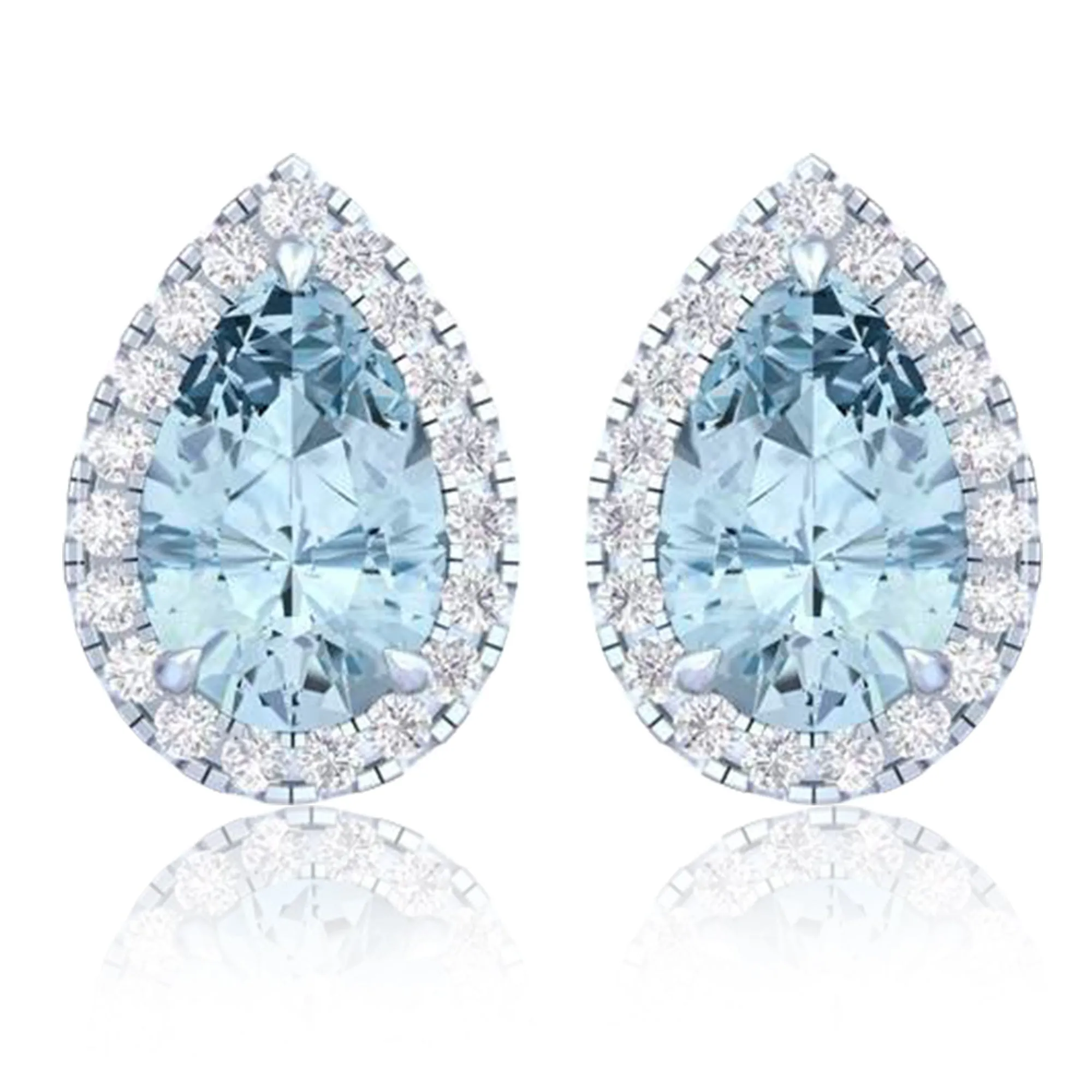 14k White Gold Vivid Blue Pear Cut 4.7 Ct Lab-Grown Diamond Halo Stud Earrings