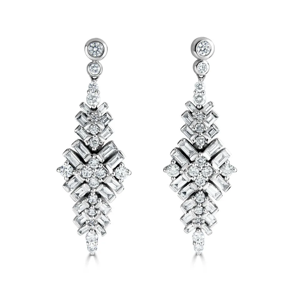 18ct White Gold 2.32ct Baguette & Round Brilliant Cut Diamond Jazz Earrings