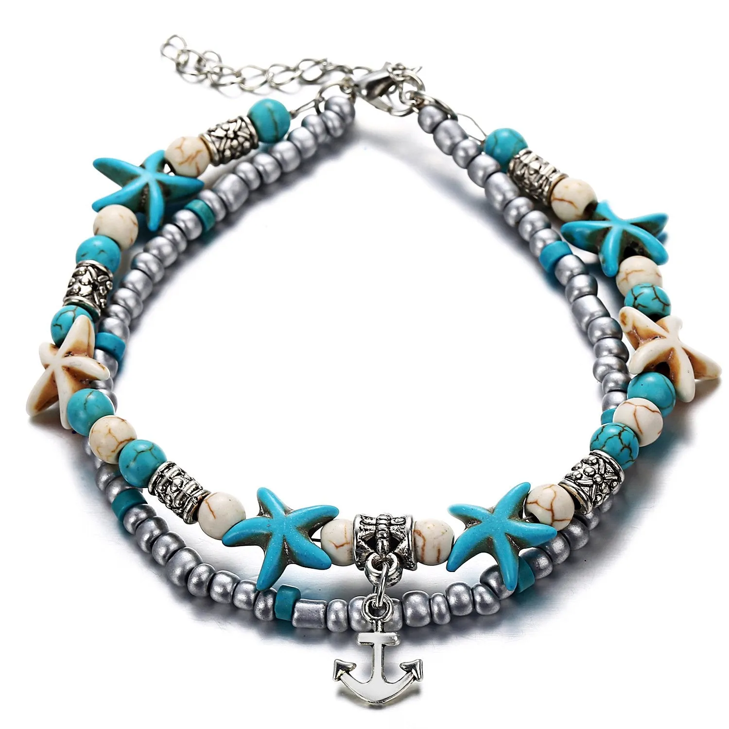 3 pcs Set Simulated Turquoise Blue Starfish Multilayer Yoga Beach Anklets Bracelet Boho Foot Jewelry for Women Teen Girls Y811 Style-1