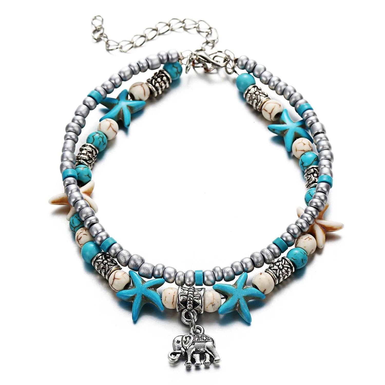 3 pcs Set Simulated Turquoise Blue Starfish Multilayer Yoga Beach Anklets Bracelet Boho Foot Jewelry for Women Teen Girls Y811 Style-1