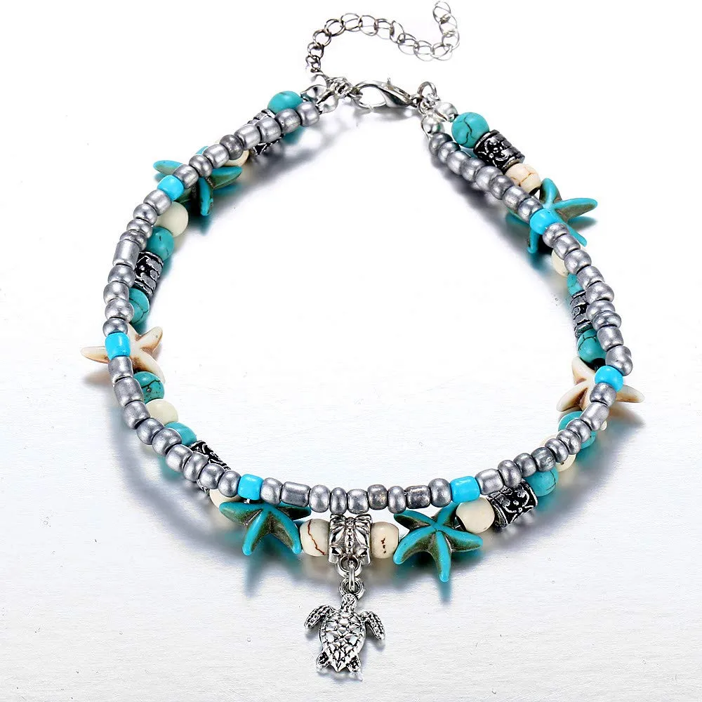 3 pcs Set Simulated Turquoise Blue Starfish Multilayer Yoga Beach Anklets Bracelet Boho Foot Jewelry for Women Teen Girls Y811 Style-1