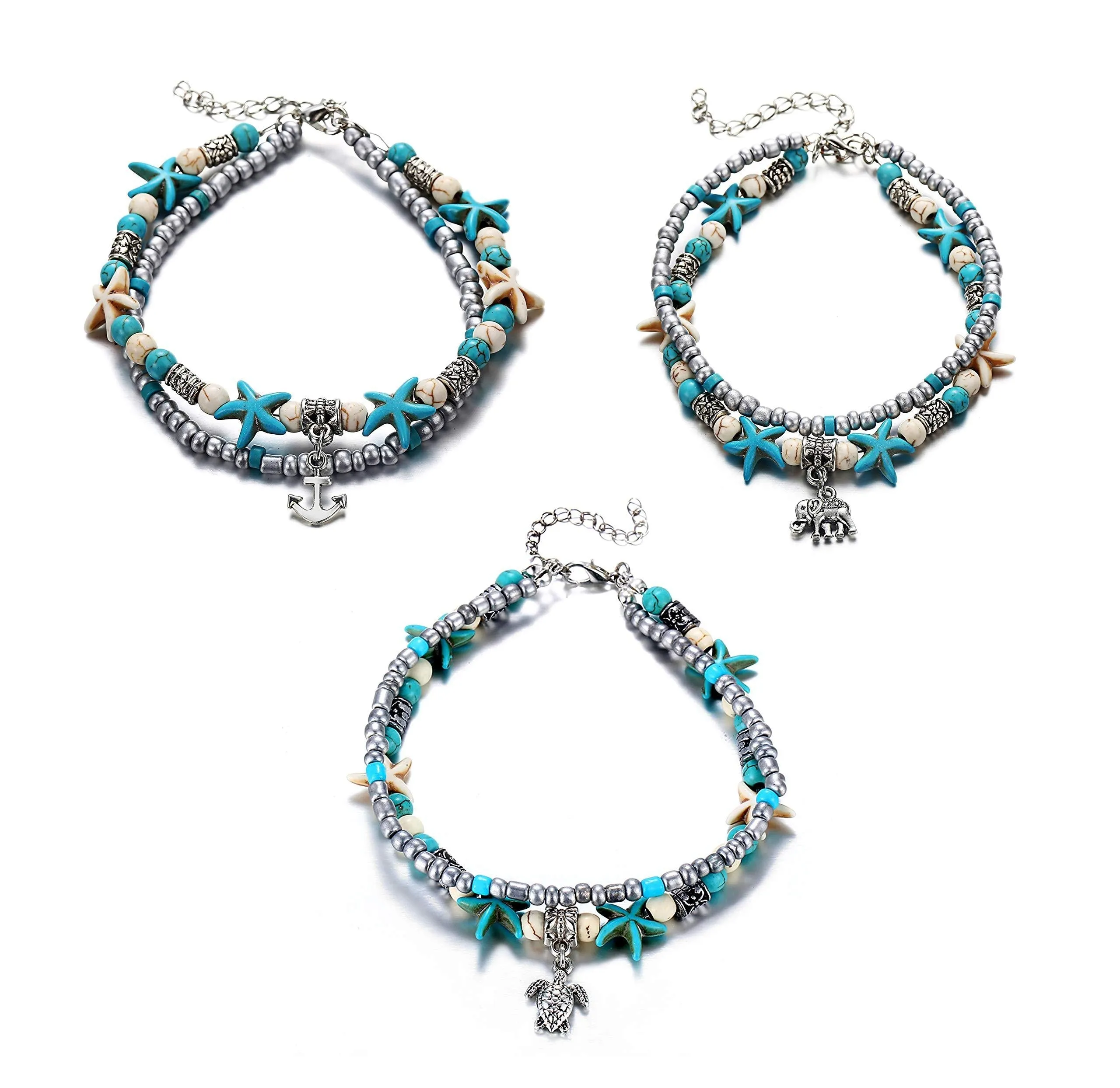 3 pcs Set Simulated Turquoise Blue Starfish Multilayer Yoga Beach Anklets Bracelet Boho Foot Jewelry for Women Teen Girls Y811 Style-1