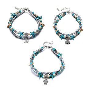 3 pcs Set Simulated Turquoise Blue Starfish Multilayer Yoga Beach Anklets Bracelet Boho Foot Jewelry for Women Teen Girls Y811 Style-1