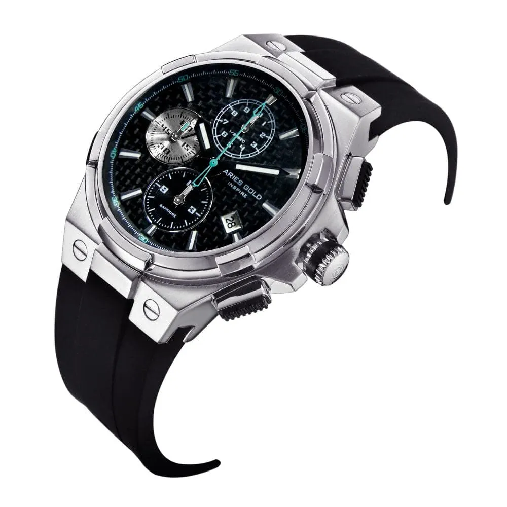 ARIES GOLD MONARCH SILVER STAINLESS STEEL G 7312 S-BKCY HI-TECH BLACK SYNTHETIC STRAP MEN'S WATCH