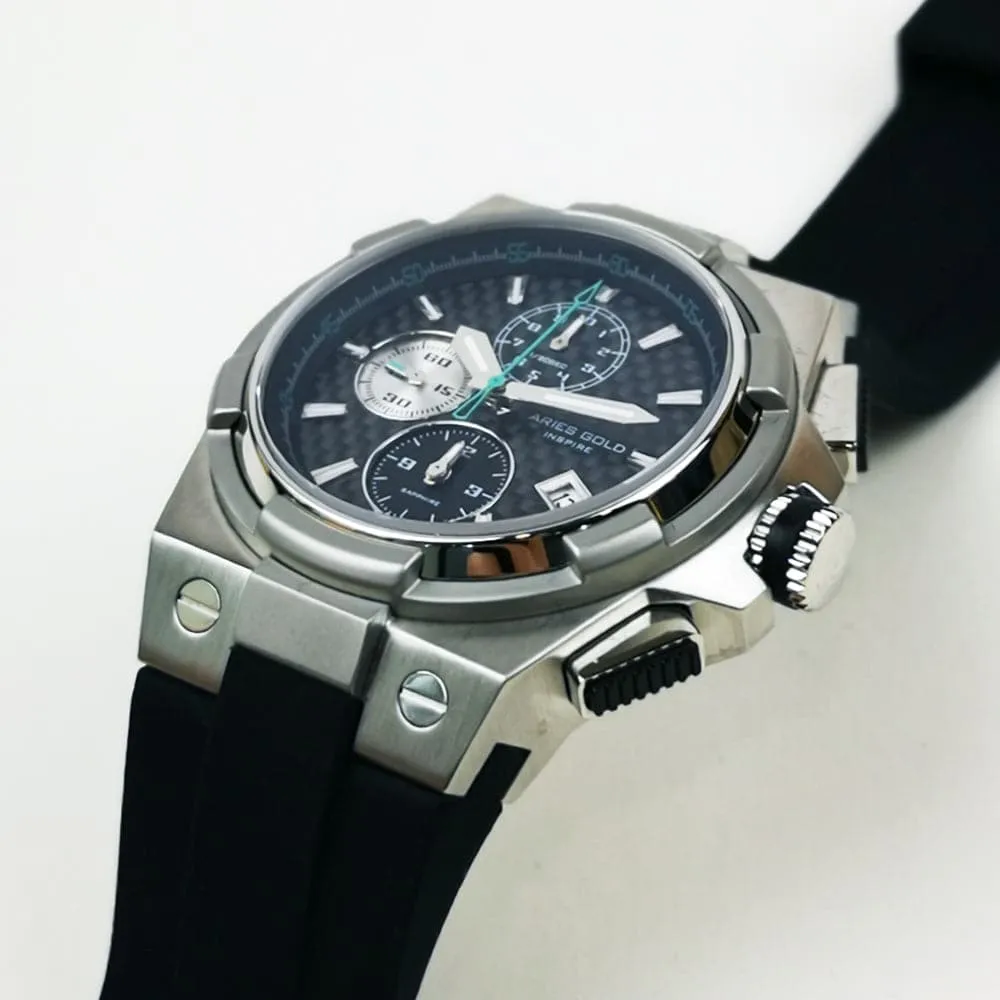 ARIES GOLD MONARCH SILVER STAINLESS STEEL G 7312 S-BKCY HI-TECH BLACK SYNTHETIC STRAP MEN'S WATCH