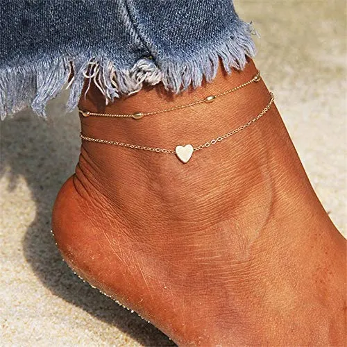 Artmiss Layered Anklets Women Heart Gold Ankle Bracelet Charm Beaded Dainty Foot Jewelry for Women and Teen Girls Summer Barefoot Beach Anklet