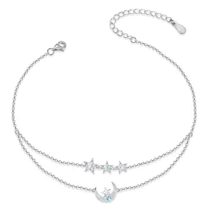 ATTRACTTO Moon Star Ankle Bracelets for Women 925 Sterling Silver Layered Anklets for Sea Beach Foot Ankle for Teen Girls