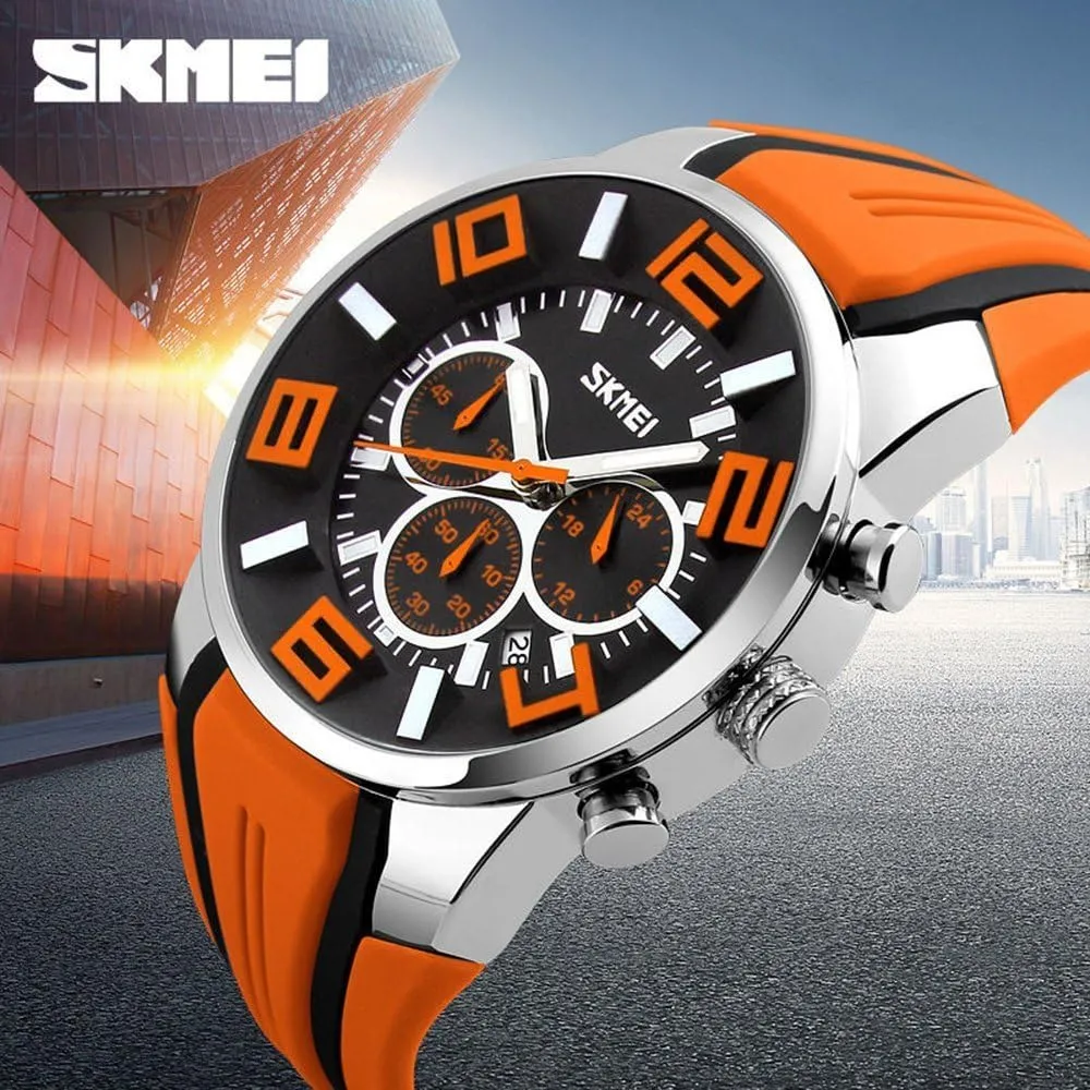 Big Dial Stainless Steel and Silicone Band Quartz Stopwatch Watch 30M Waterproof Sport Watches for Mens