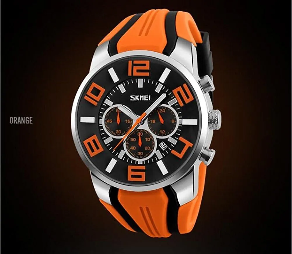 Big Dial Stainless Steel and Silicone Band Quartz Stopwatch Watch 30M Waterproof Sport Watches for Mens