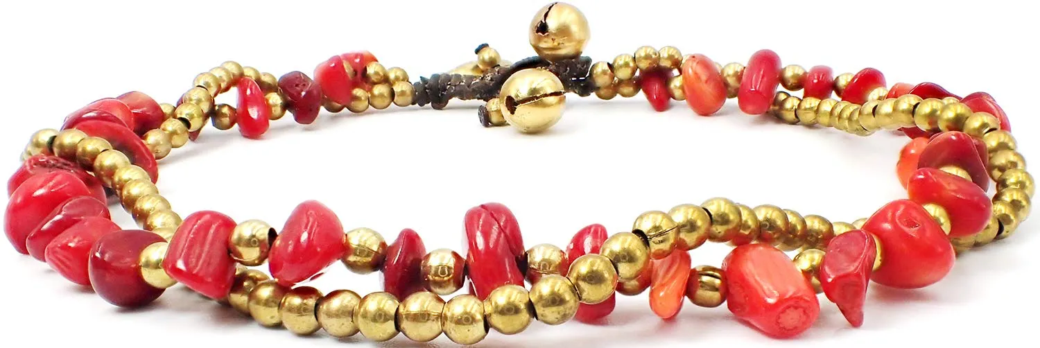 Bijoux De Ja Handmade Red Carnelian Stone Elephant Charm Brass Beads Anklets Bracelet 10 Inches