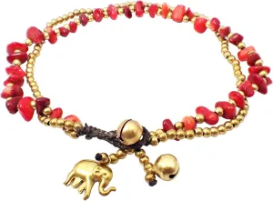 Bijoux De Ja Handmade Red Carnelian Stone Elephant Charm Brass Beads Anklets Bracelet 10 Inches