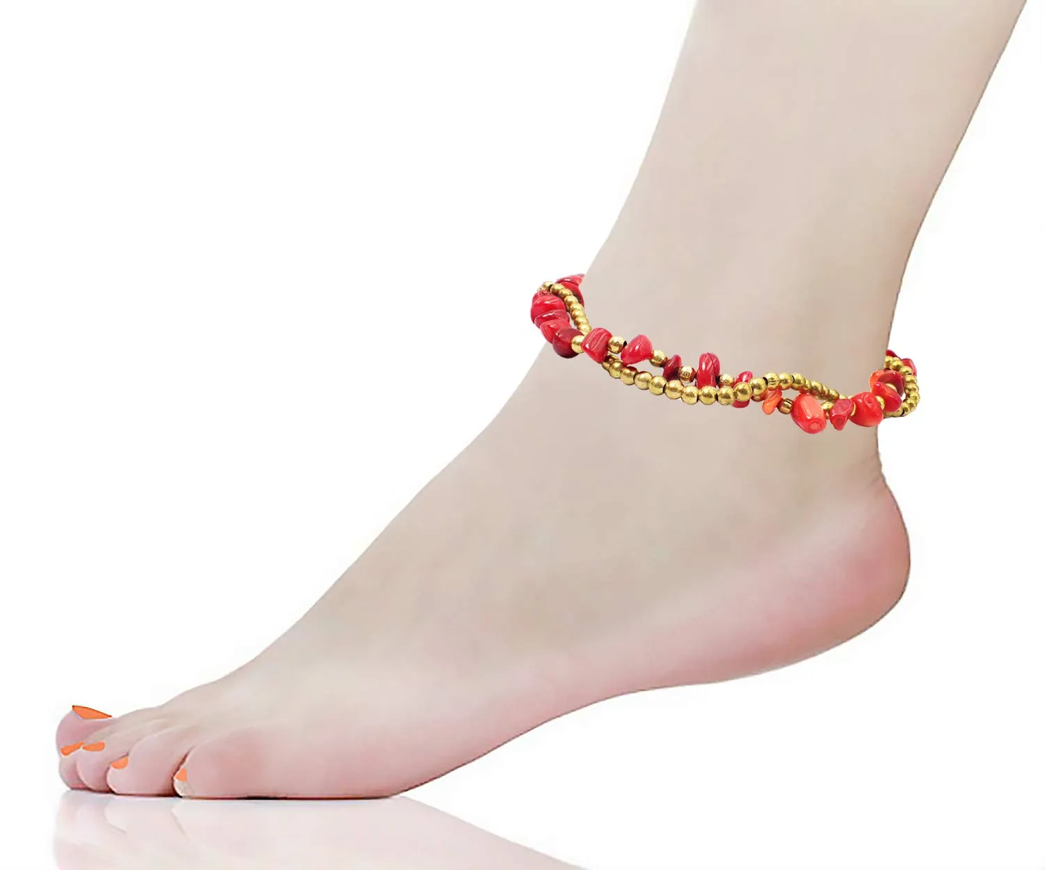 Bijoux De Ja Handmade Red Carnelian Stone Elephant Charm Brass Beads Anklets Bracelet 10 Inches