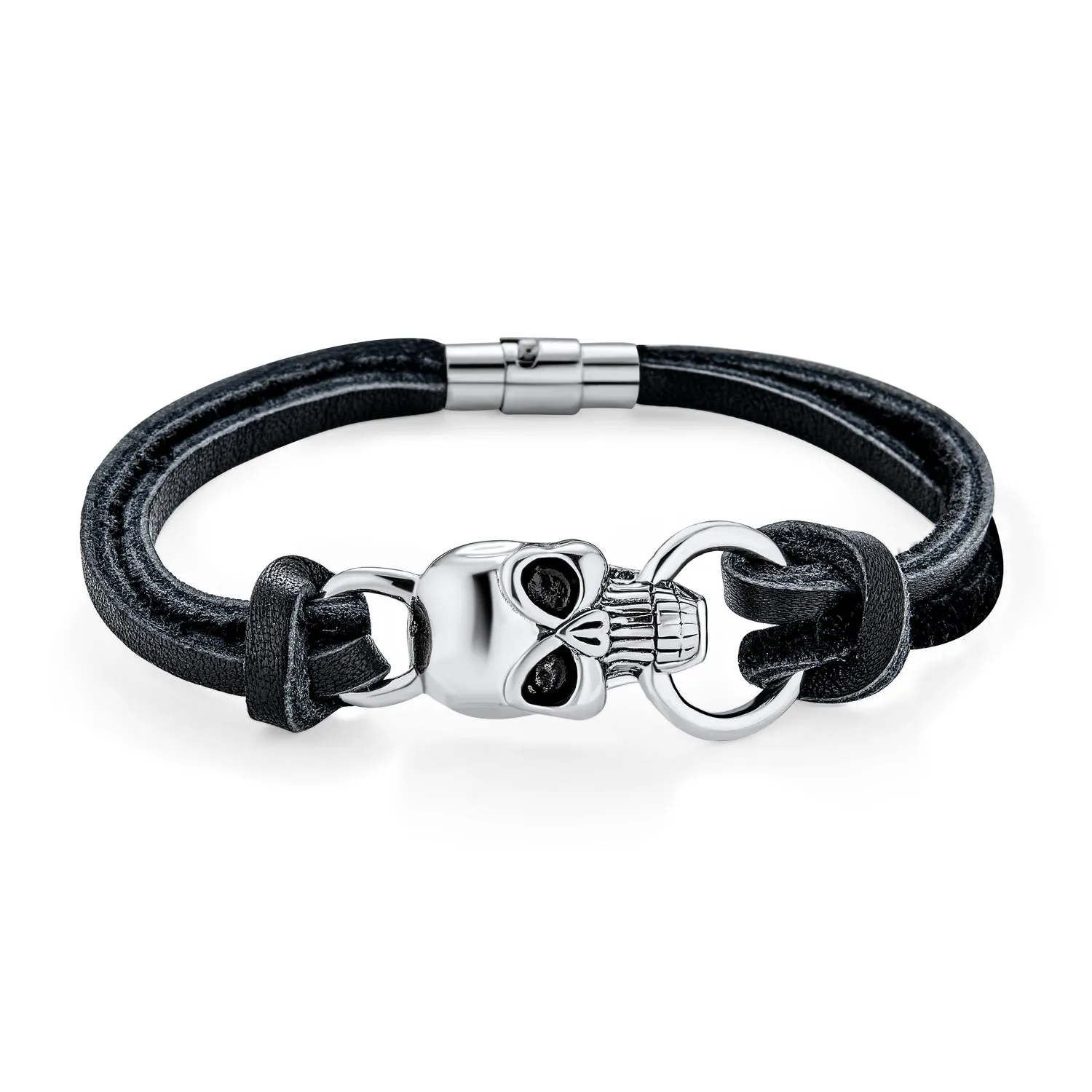 Biker Jewelry Skull Heads Black Leather Cuff Bracelet for Men - Punk Rock Style