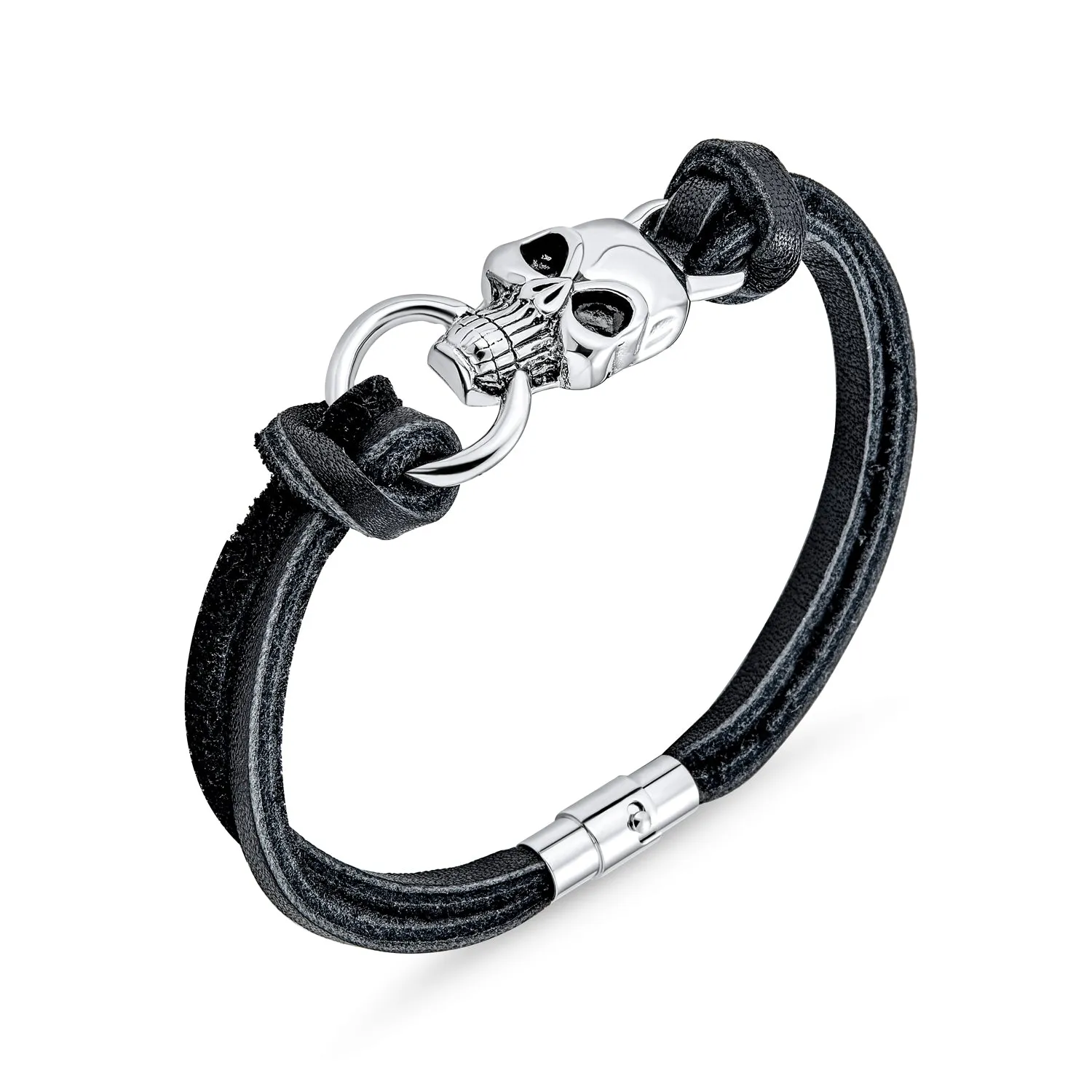 Biker Jewelry Skull Heads Black Leather Cuff Bracelet for Men - Punk Rock Style
