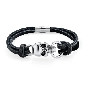 Biker Jewelry Skull Heads Black Leather Cuff Bracelet for Men - Punk Rock Style
