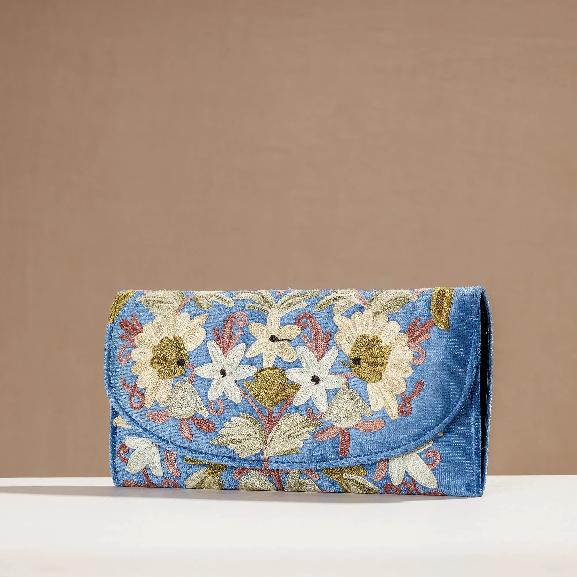 Blue - Crewel Hand Embroidery Leather & Velvet Wallet