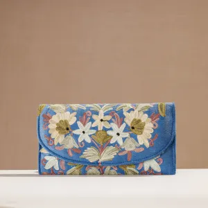 Blue - Crewel Hand Embroidery Leather & Velvet Wallet