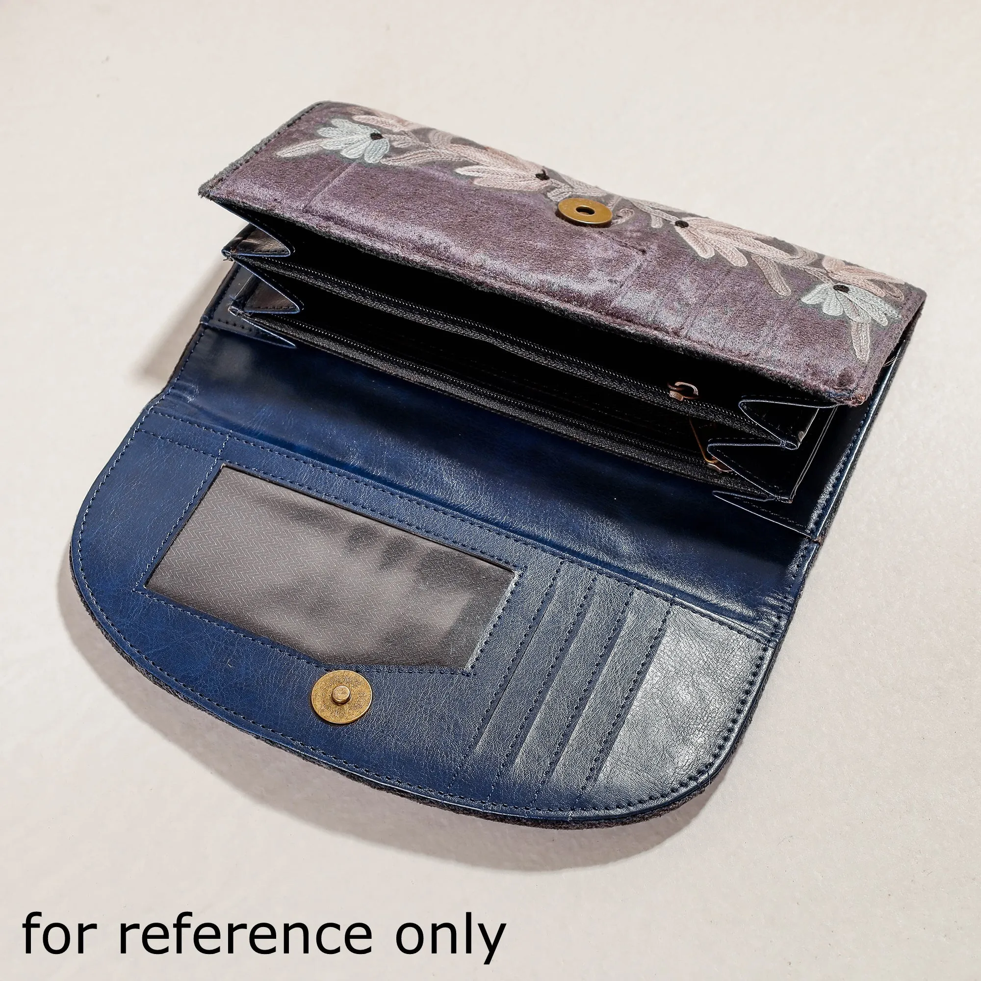 Blue - Crewel Hand Embroidery Leather & Velvet Wallet