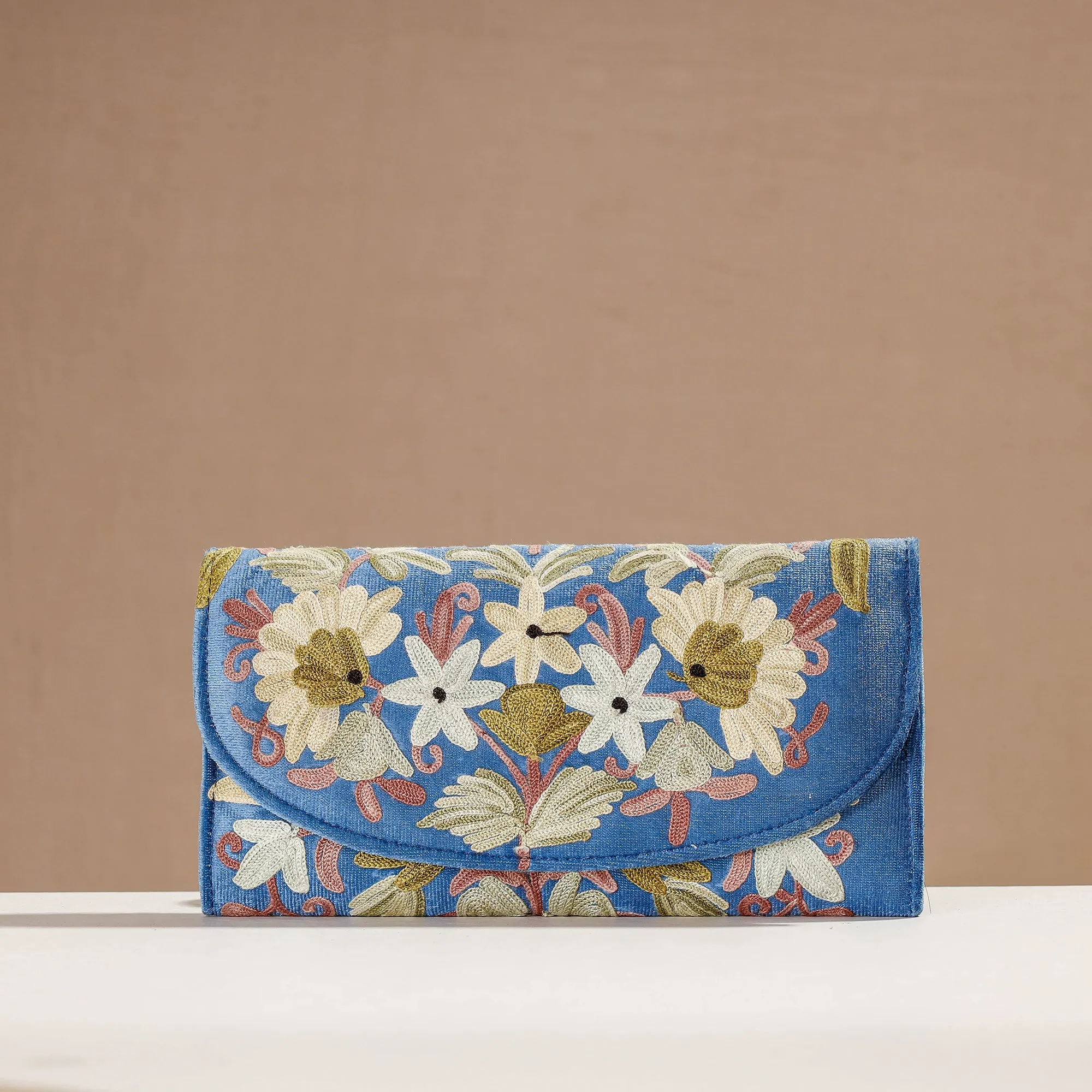 Blue - Crewel Hand Embroidery Leather & Velvet Wallet