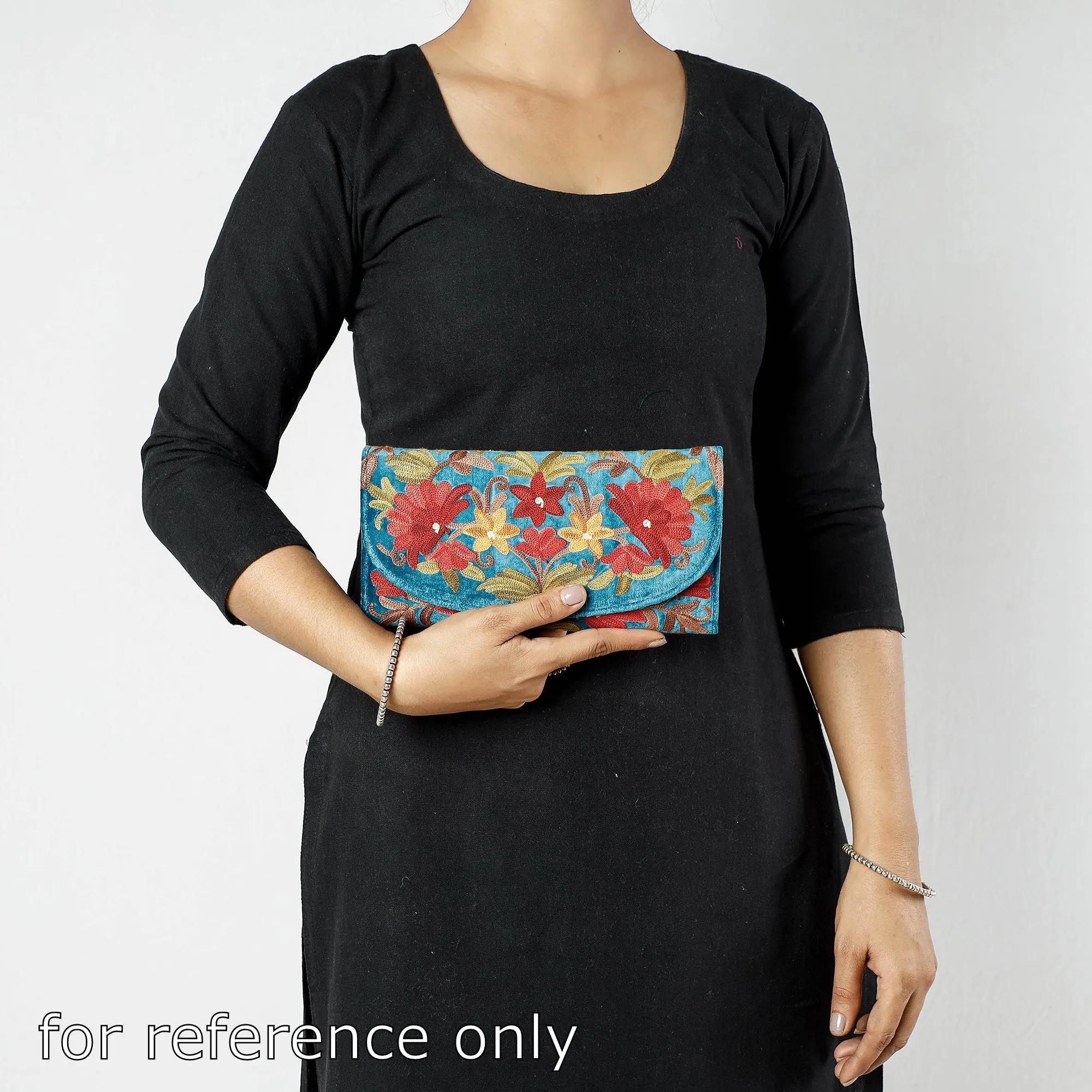 Blue - Crewel Hand Embroidery Leather & Velvet Wallet