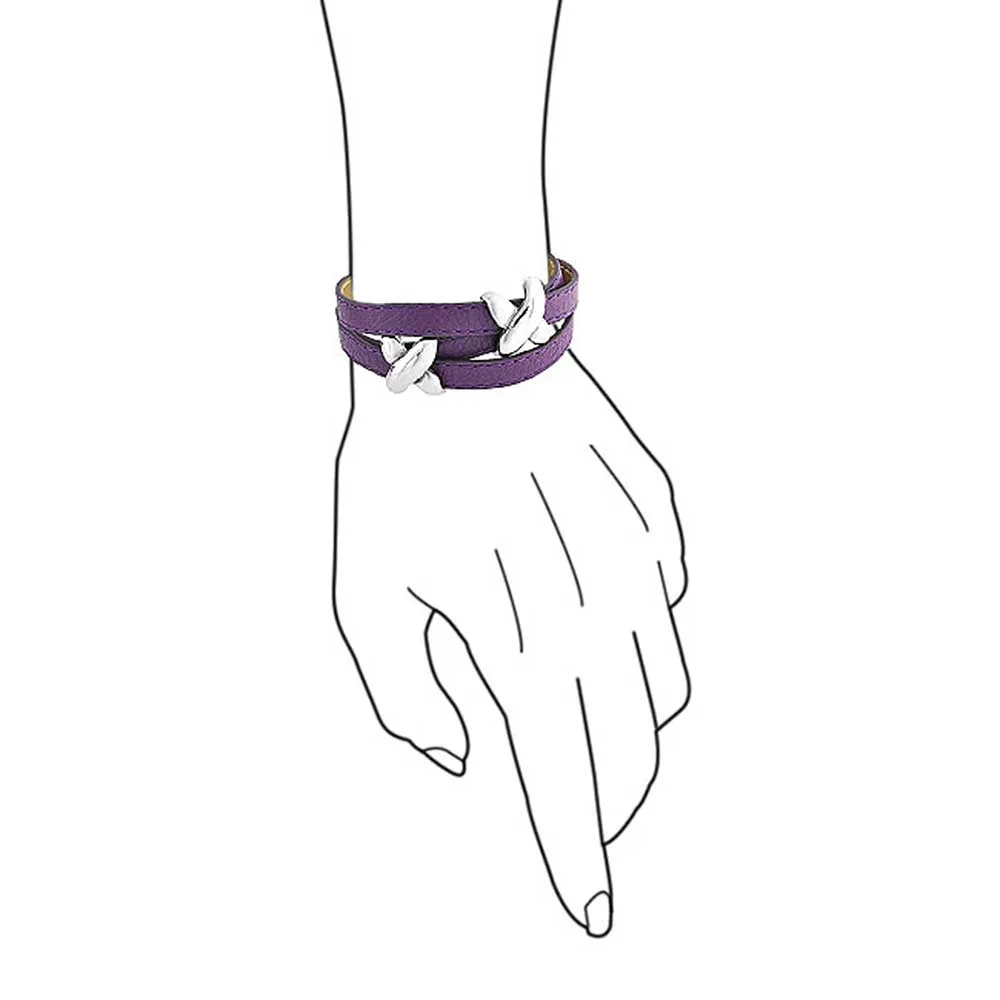 Boho Black Purple Leather Love Charm Triple Wrap Bracelet with Silver Buckle