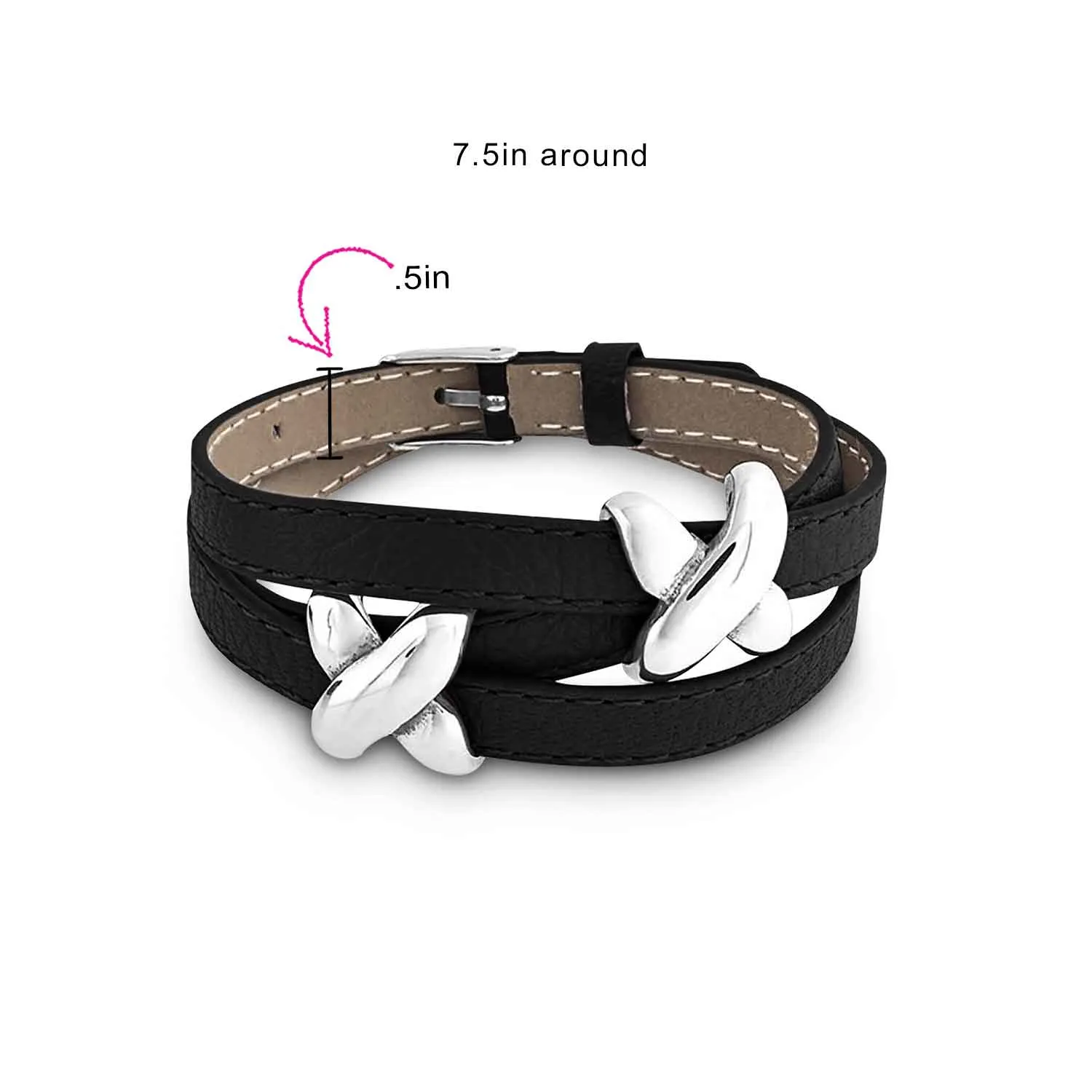 Boho Black Purple Leather Love Charm Triple Wrap Bracelet with Silver Buckle