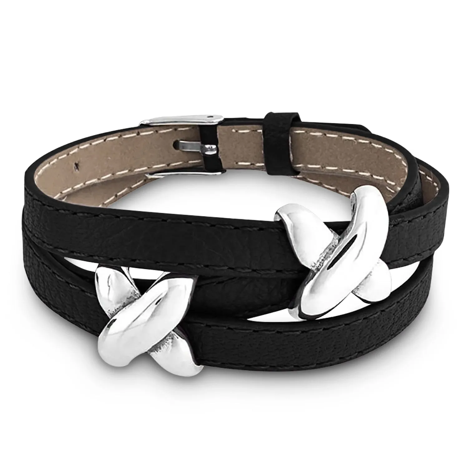 Boho Black Purple Leather Love Charm Triple Wrap Bracelet with Silver Buckle