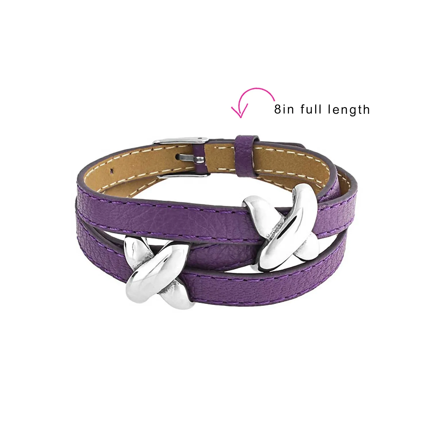 Boho Black Purple Leather Love Charm Triple Wrap Bracelet with Silver Buckle