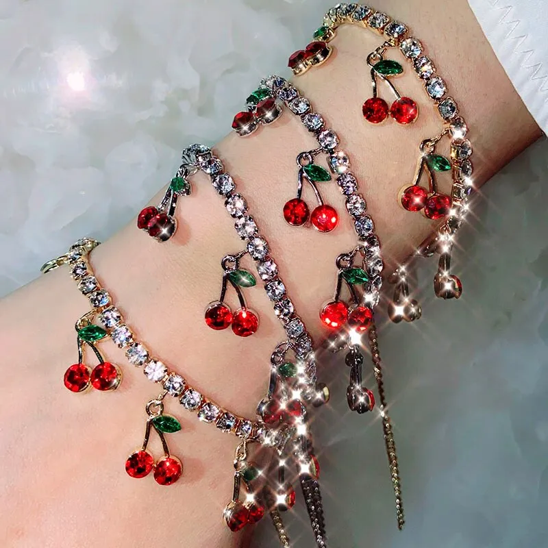 Boho Cherry Crystal Pendant Anklets For Women Gold Silver Color Luxury