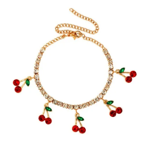 Boho Cherry Crystal Pendant Anklets For Women Gold Silver Color Luxury