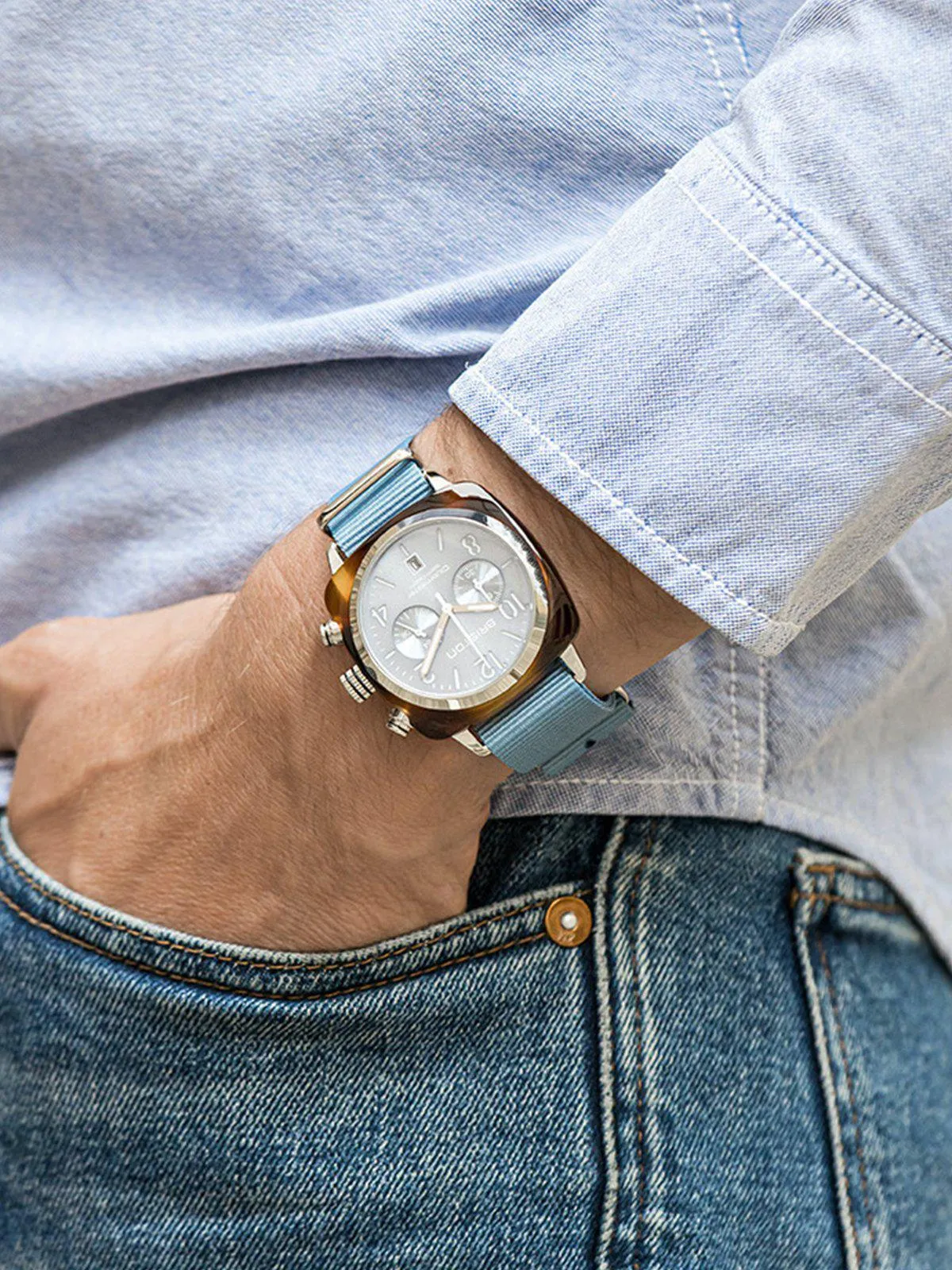 Briston Clubmaster Classic Acetate Chronograph Yellow Gold Ice Blue Sunray 40mm