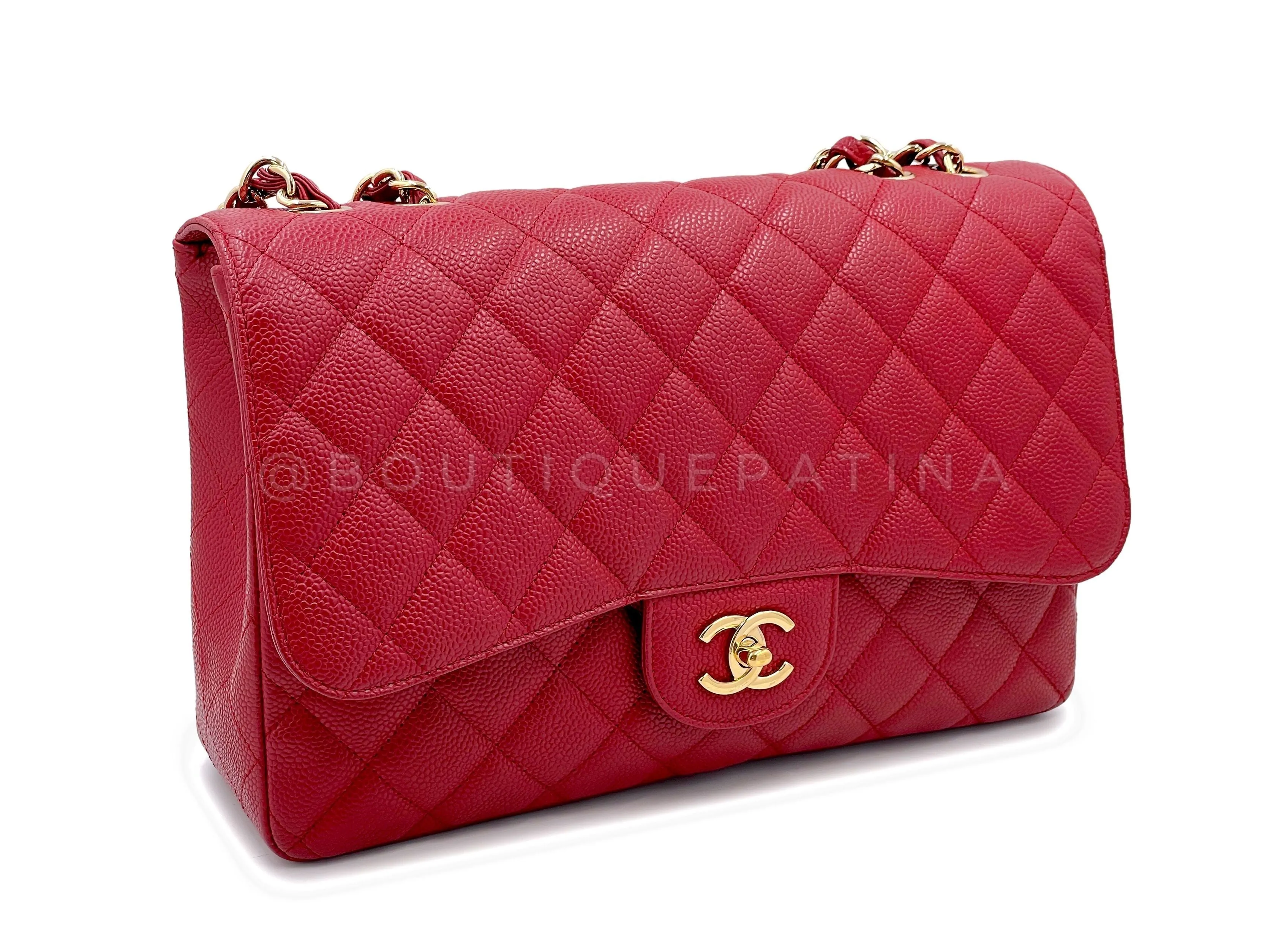 Chanel 2009 Red Caviar Jumbo Classic Flap Bag GHW Single