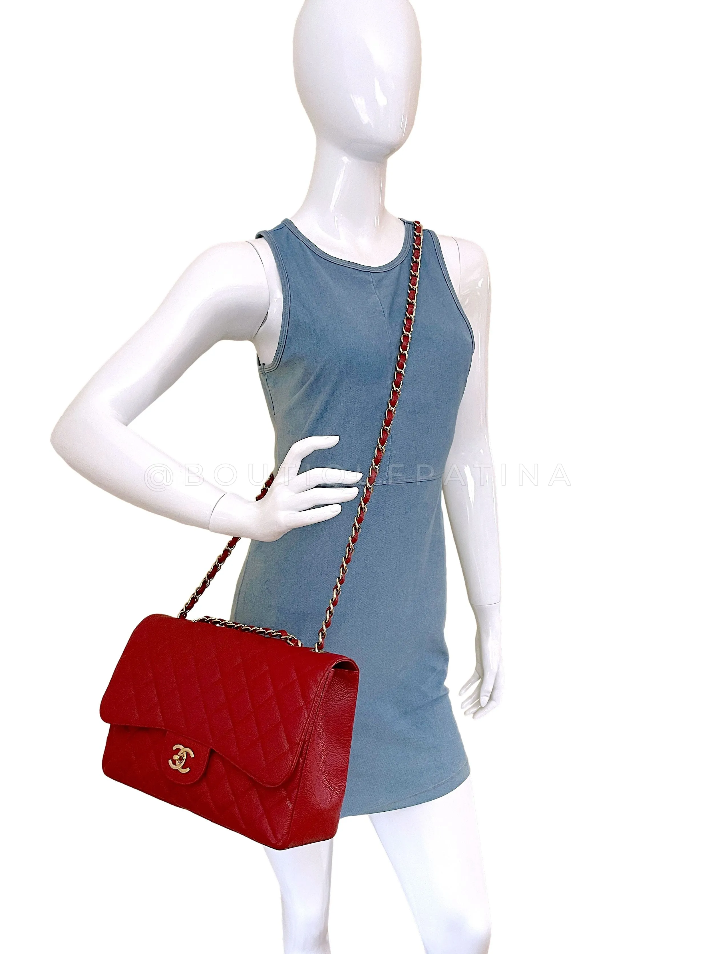 Chanel 2009 Red Caviar Jumbo Classic Flap Bag GHW Single