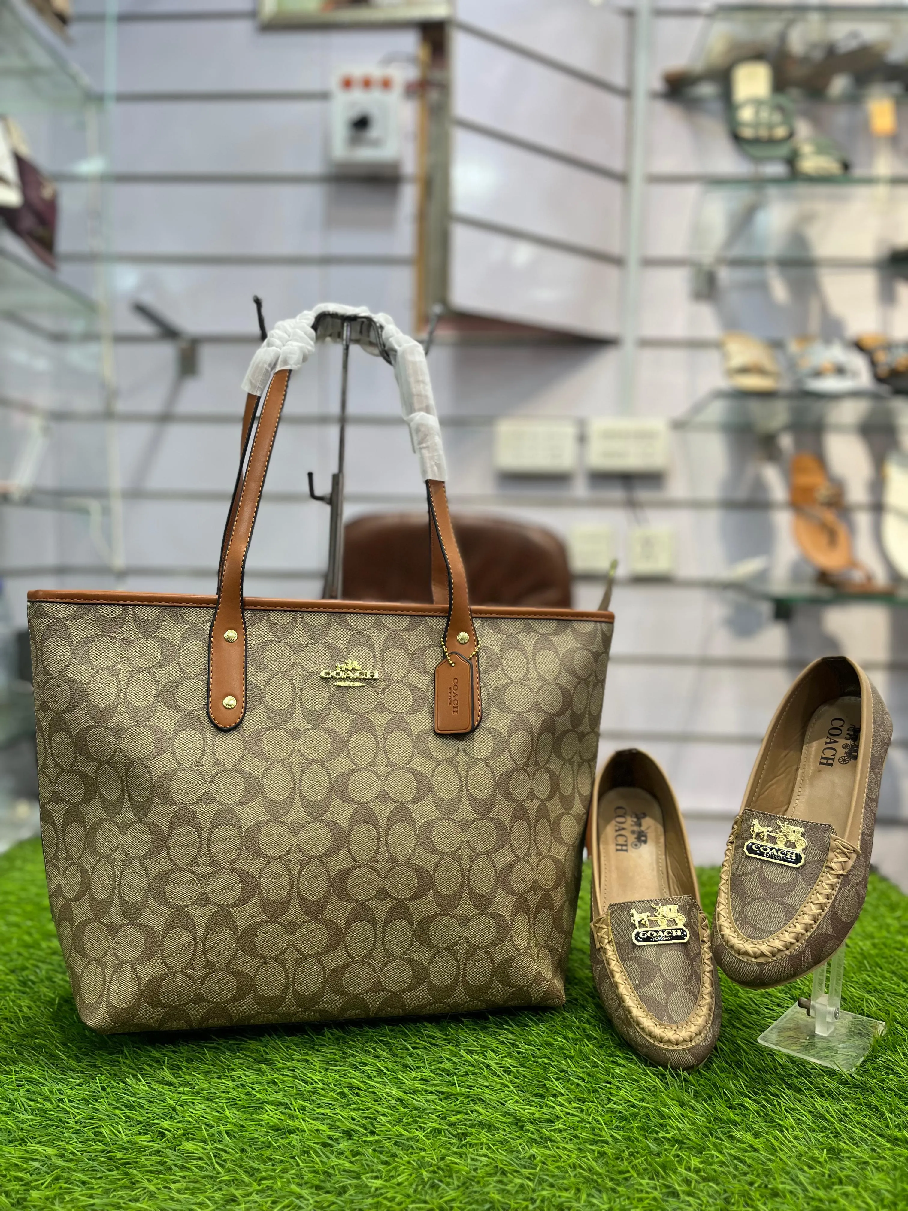 COMBO DEAL OF COACH ZIP TOTE BAG AND COACH FLAT PUMPS - BROWN