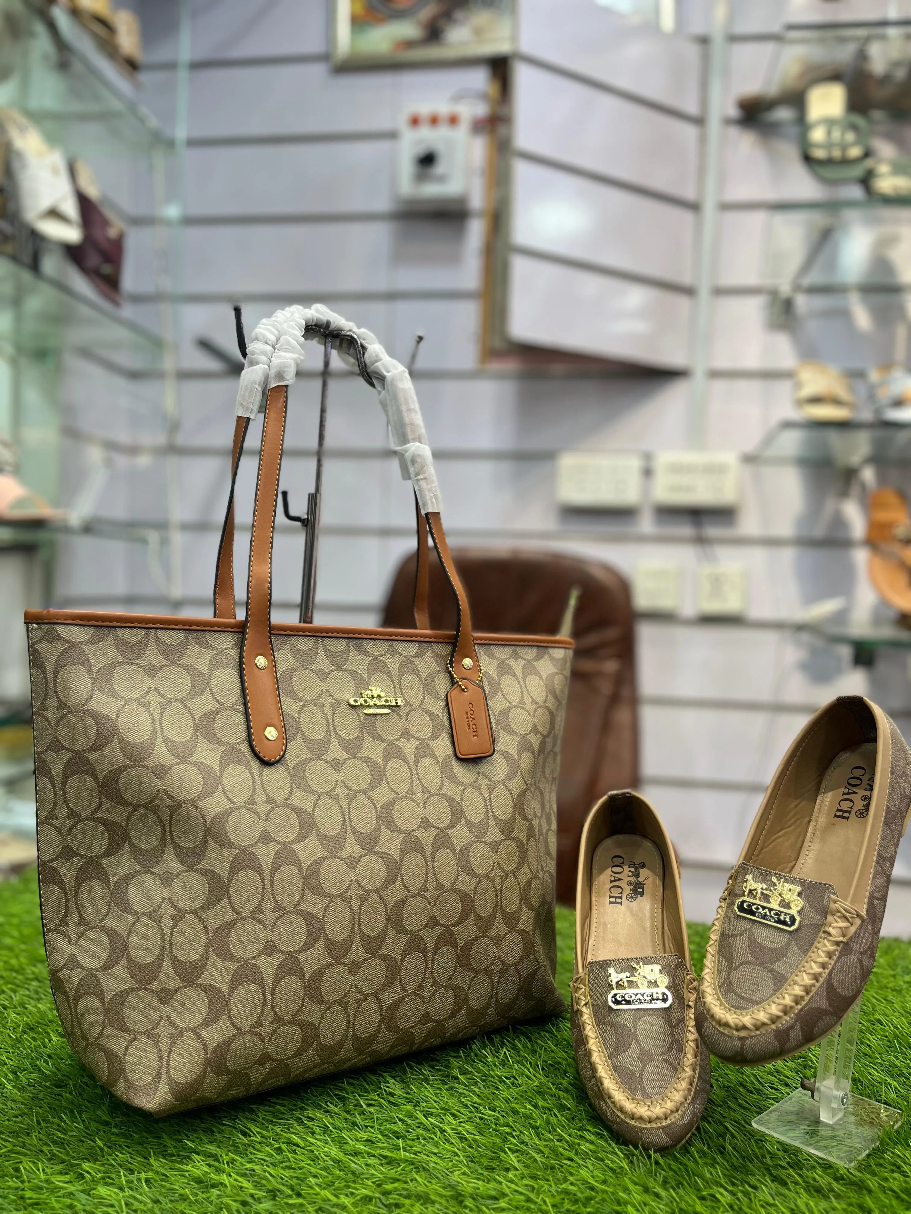 COMBO DEAL OF COACH ZIP TOTE BAG AND COACH FLAT PUMPS - BROWN