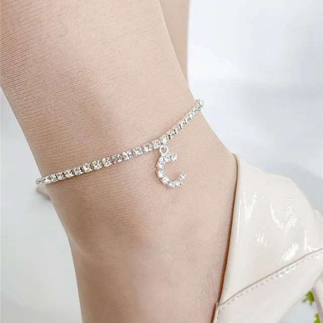 Crystal Zircon Initial Letter Ankle Bracelet Alphabet Anklets