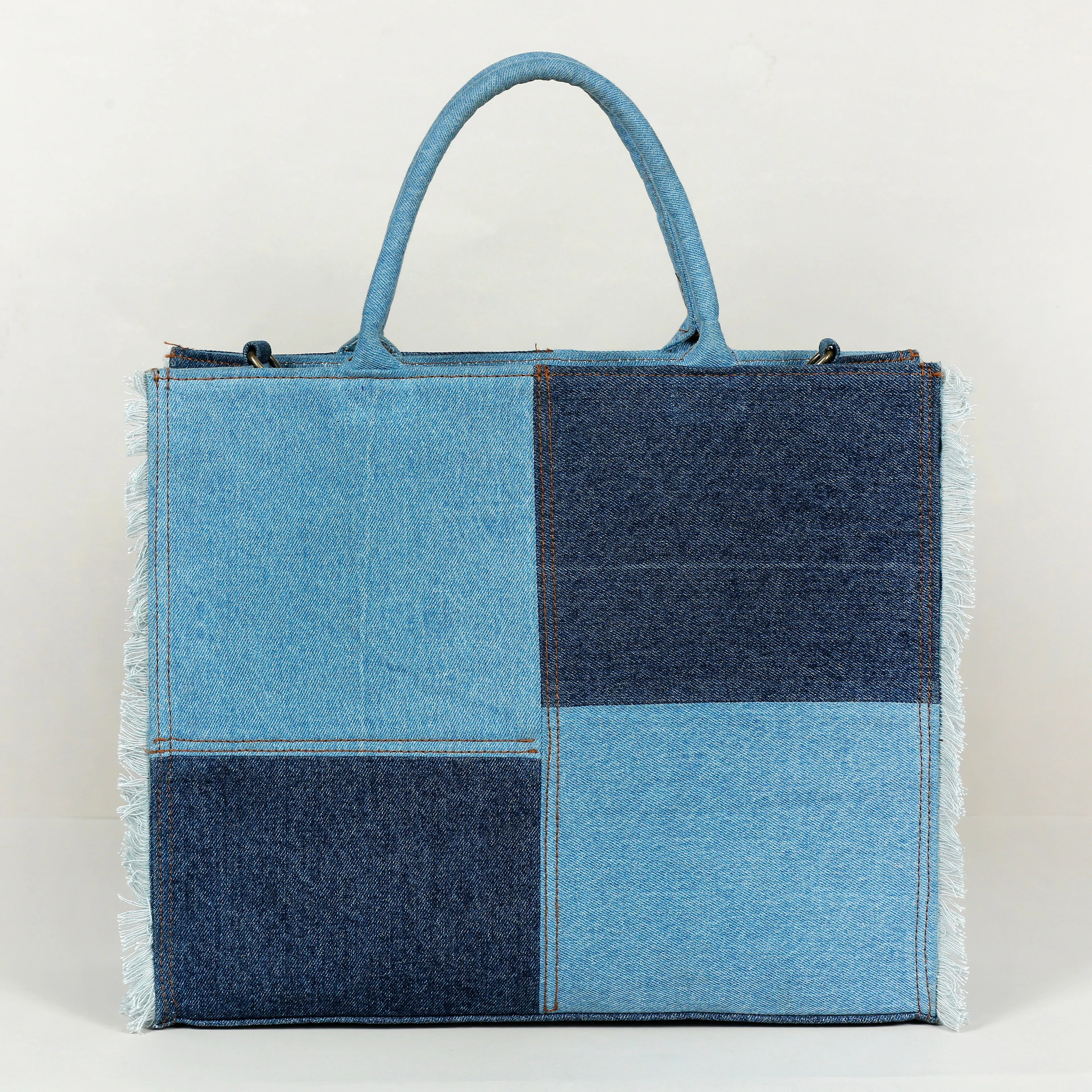 Denim Fringe Box Tote Bag-denim trail