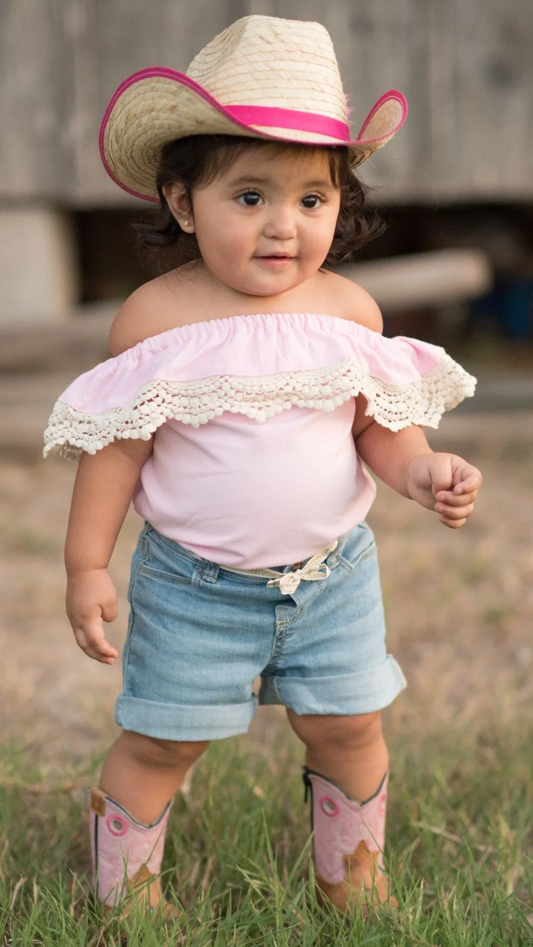 Girl's Off the Shoulder Crochet Romper Outfit
