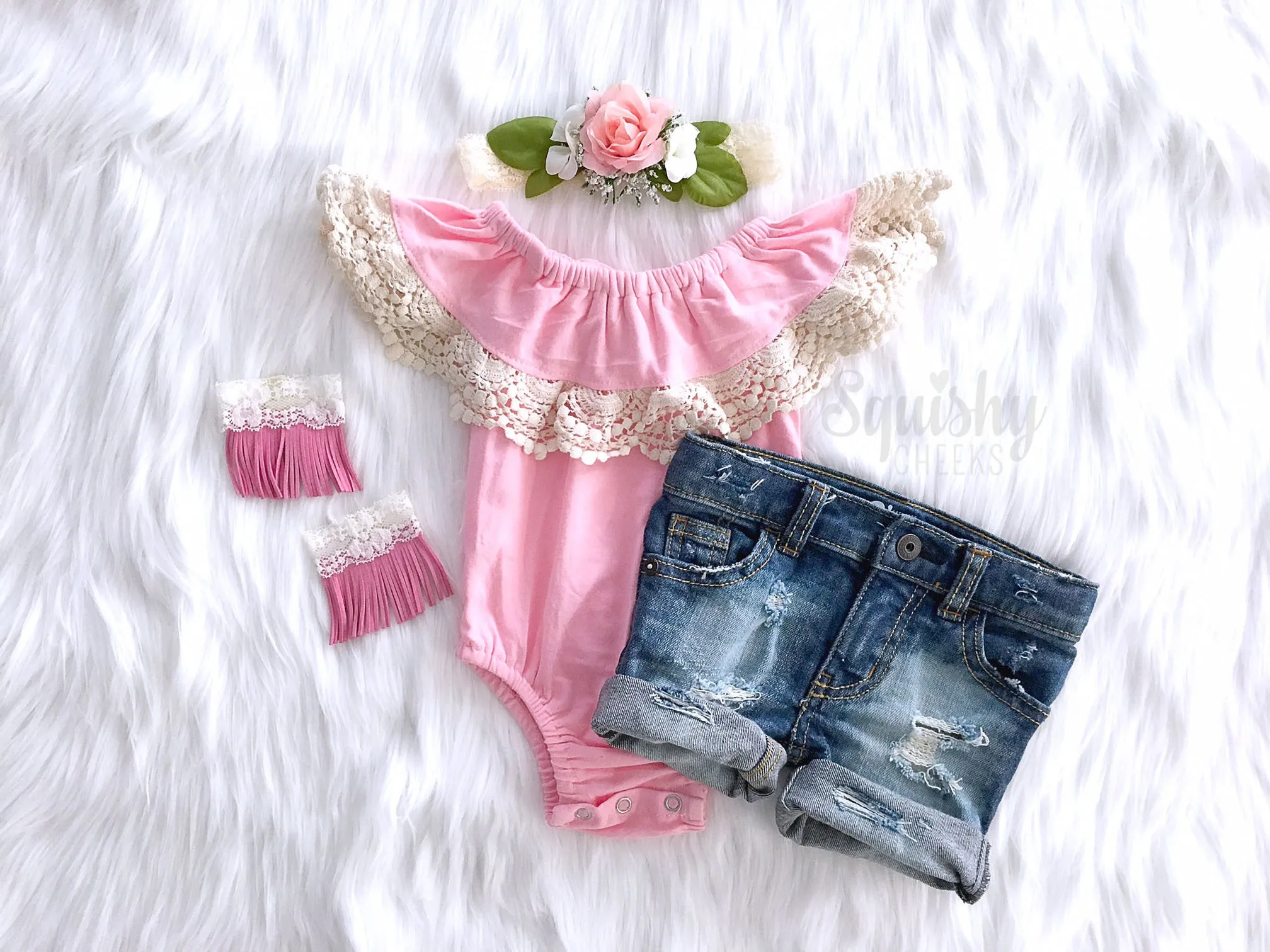 Girl's Off the Shoulder Crochet Romper Outfit