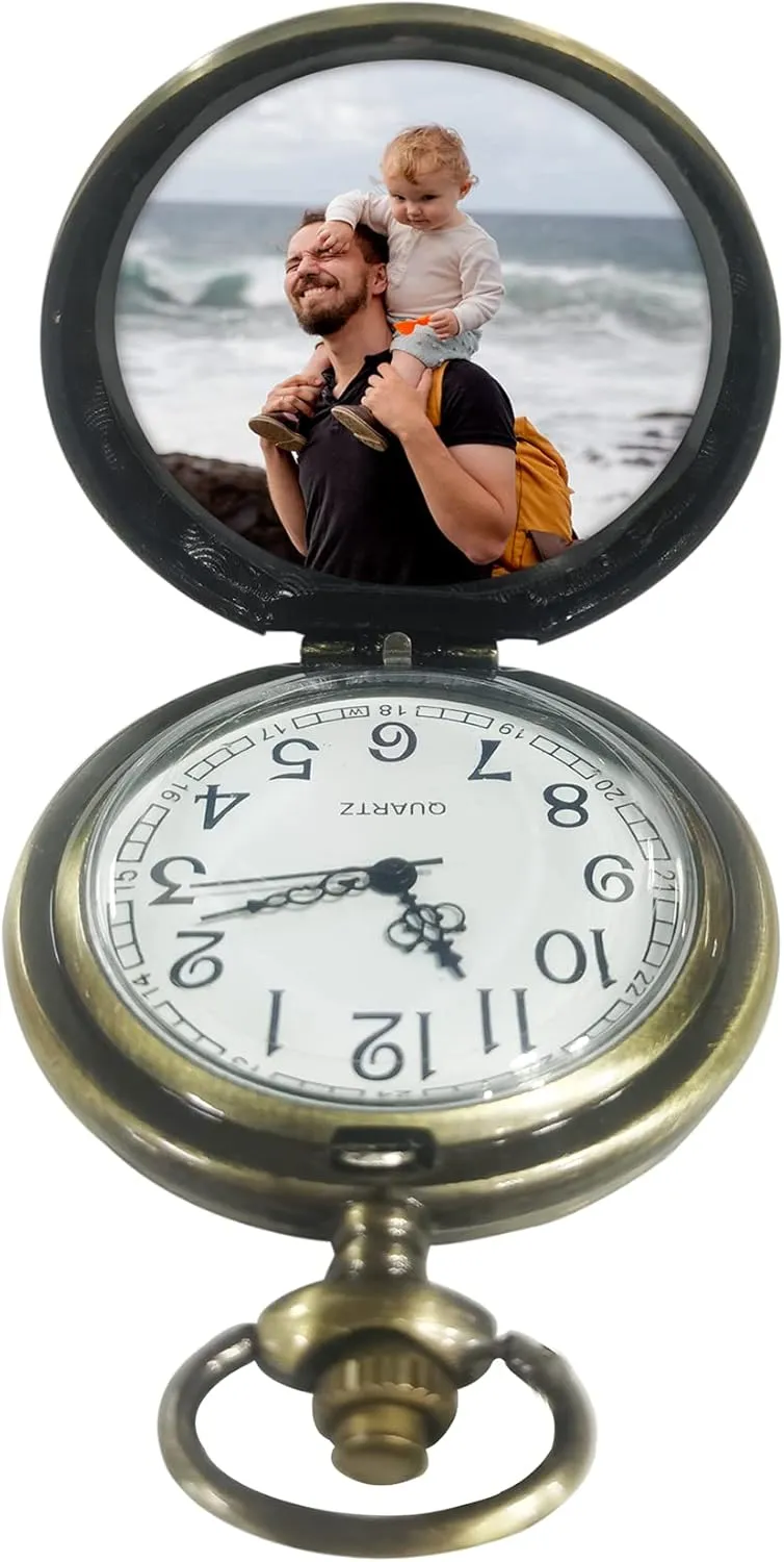 Godchoices Personalized Pocket Watch Custom Photo Pocket Watch with Chain for Men/Women Engraved with Any Words, Personalized Photo Gift for Father and Boyfriend
