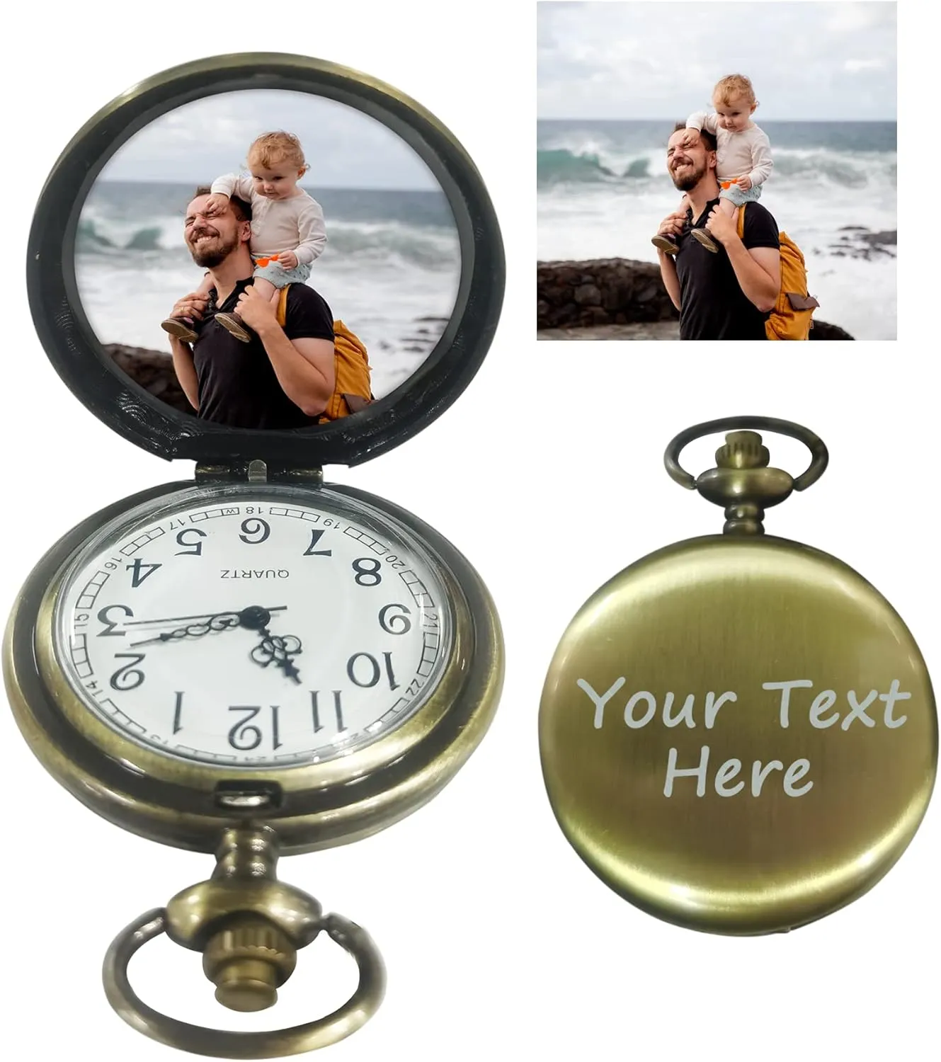 Godchoices Personalized Pocket Watch Custom Photo Pocket Watch with Chain for Men/Women Engraved with Any Words, Personalized Photo Gift for Father and Boyfriend