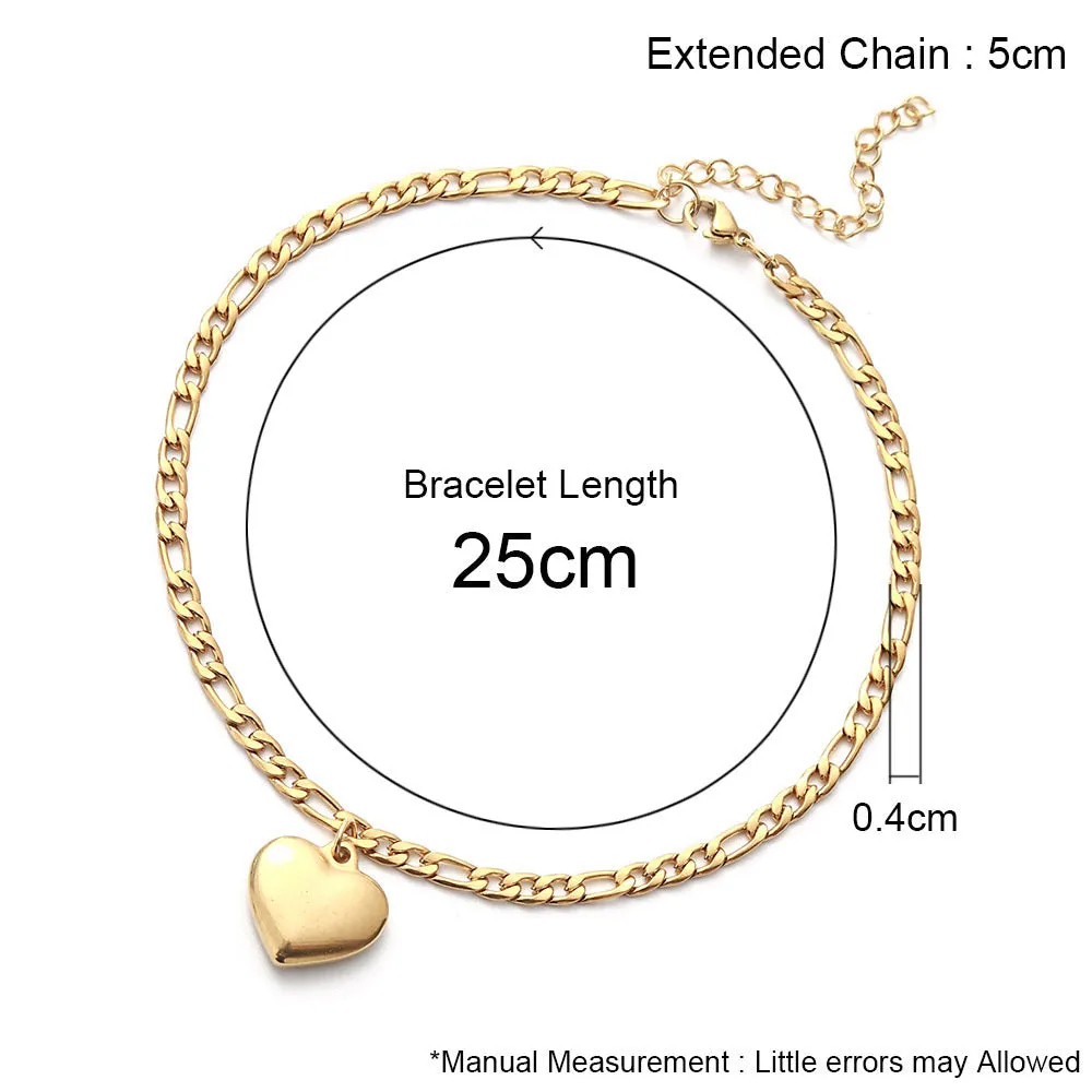 Gold Color Stainless Steel Figaro Chain With Heart Pendant Anklets for Women