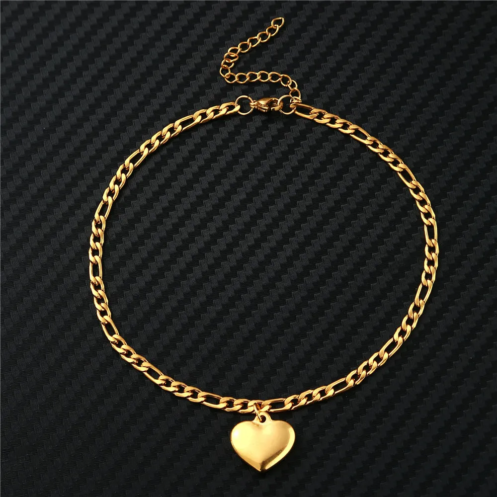 Gold Color Stainless Steel Figaro Chain With Heart Pendant Anklets for Women
