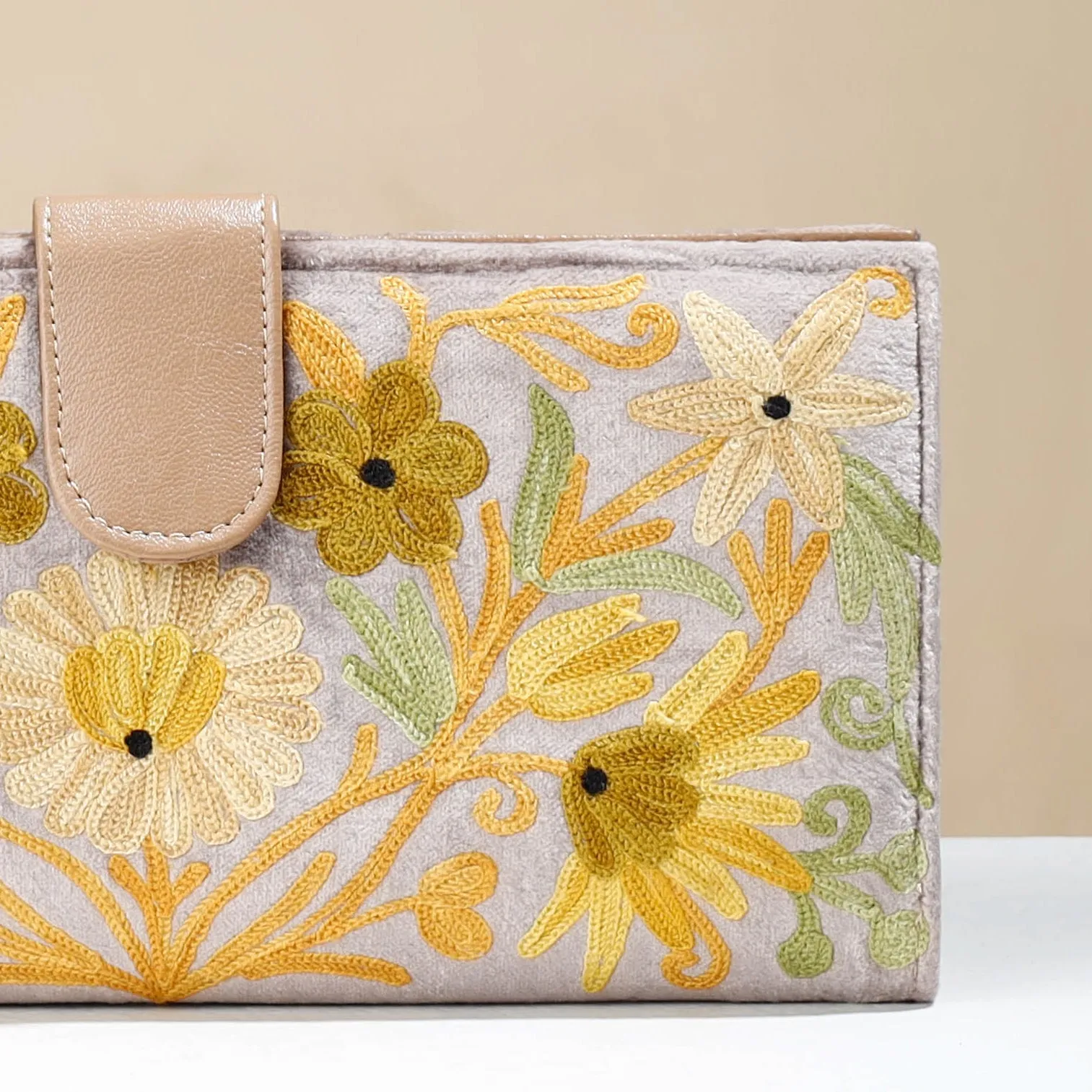 Grey - Original Chain Stitch Embroidery Leather & Velvet Wallet