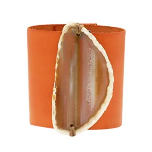HANDCRAFTED CUFF - ORANGE LEATHER WITH YELLOW AGATE - 6CMORYE
