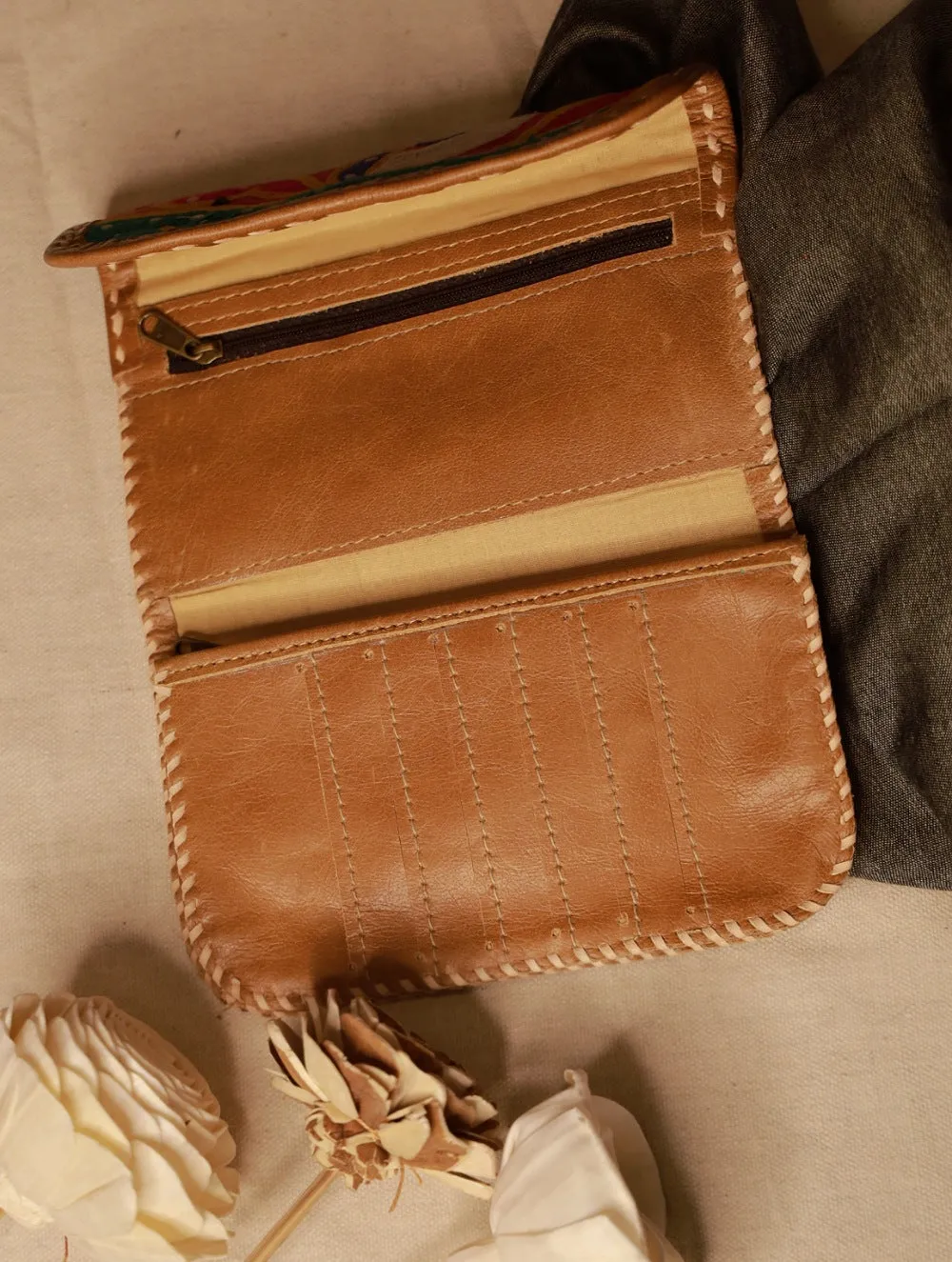 Handcrafted  Jawaja Leather & Embroidered Patch Wallet - Brown