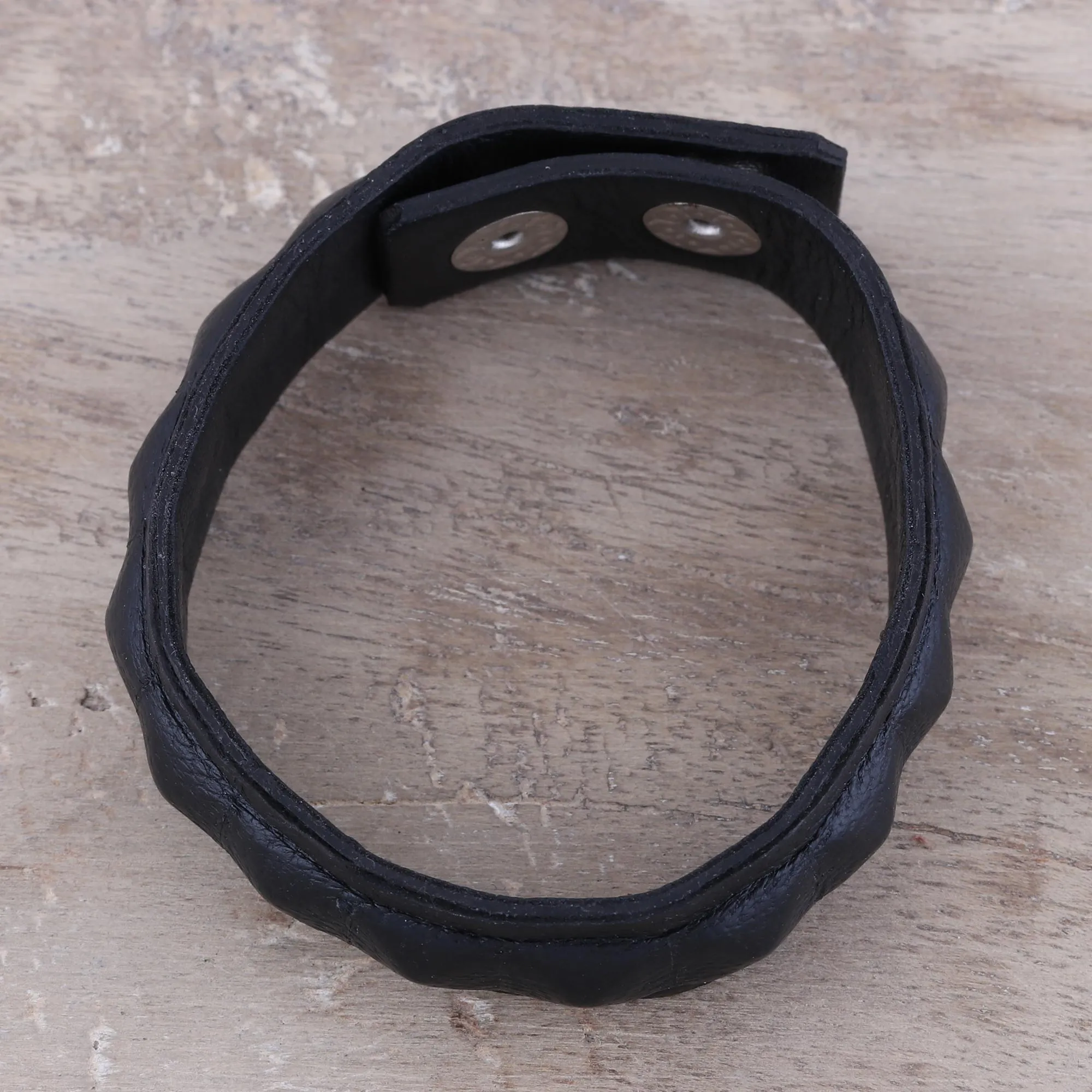 Handcrafted Men's Black Leather Edgy Wristband Bracelet - Dark Style | NOVICA